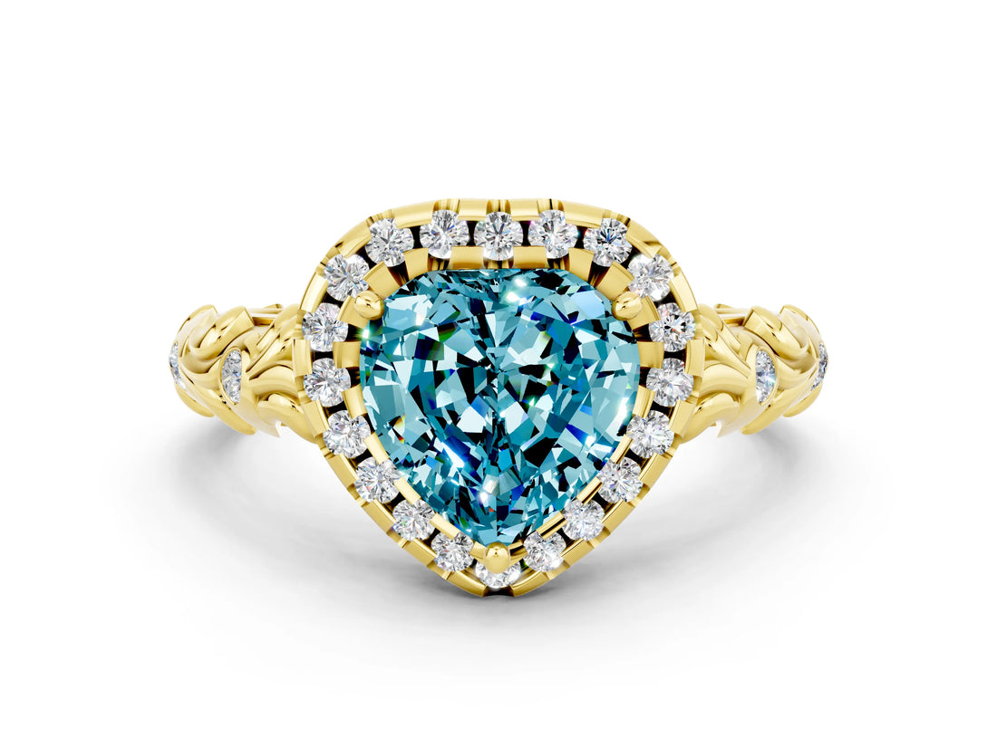 Yellow gold Heart Cut Halo Diamond Solitaire with Filigree Band and Four-Prong Setting