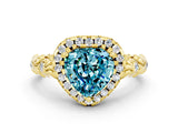 Yellow gold Heart Cut Halo Diamond Solitaire with Filigree Band and Four-Prong Setting