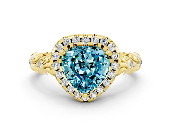 Yellow gold Heart Cut Halo Diamond Solitaire with Filigree Band and Four-Prong Setting