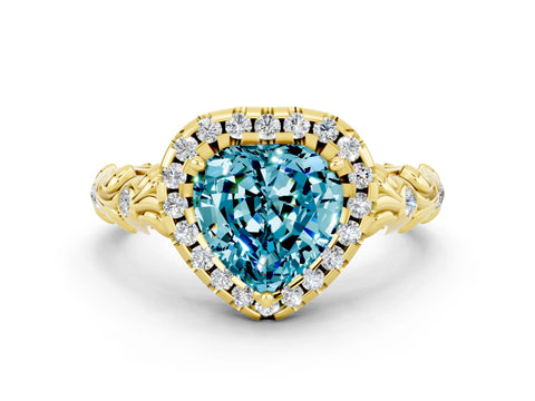 Yellow gold Heart Cut Halo Diamond Solitaire with Filigree Band and Four-Prong Setting