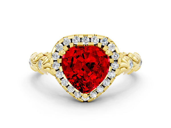 Yellow gold Heart Cut Ruby Halo Ring with Filigree Band and Prong Setting