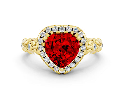 Yellow gold Heart Cut Halo Diamond Solitaire with Filigree Band and Four-Prong Setting
