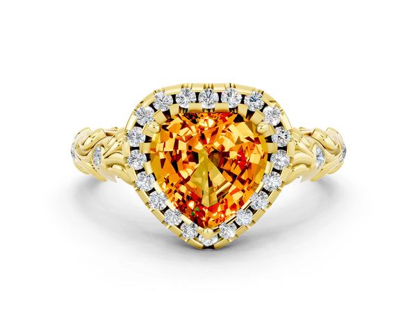Yellow gold Heart Cut Citrine Halo Ring with Filigree Band and Prong Setting