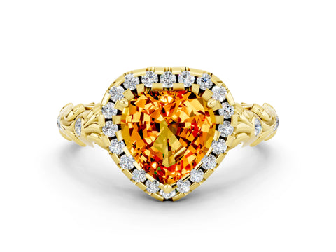 Yellow gold Heart Cut Halo Diamond Solitaire with Filigree Band and Four-Prong Setting