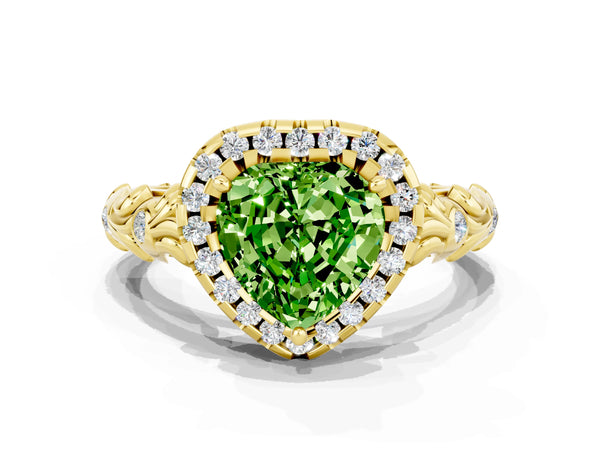 Yellow gold Heart Cut Peridot Halo Ring with Filigree Band and Prong Setting