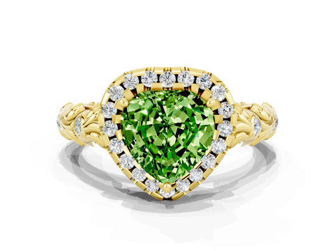 Yellow gold Heart Cut Halo Diamond Solitaire with Filigree Band and Four-Prong Setting