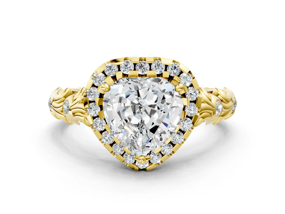 Yellow gold Heart Cut Halo Diamond Solitaire with Filigree Band and Four-Prong Setting_7