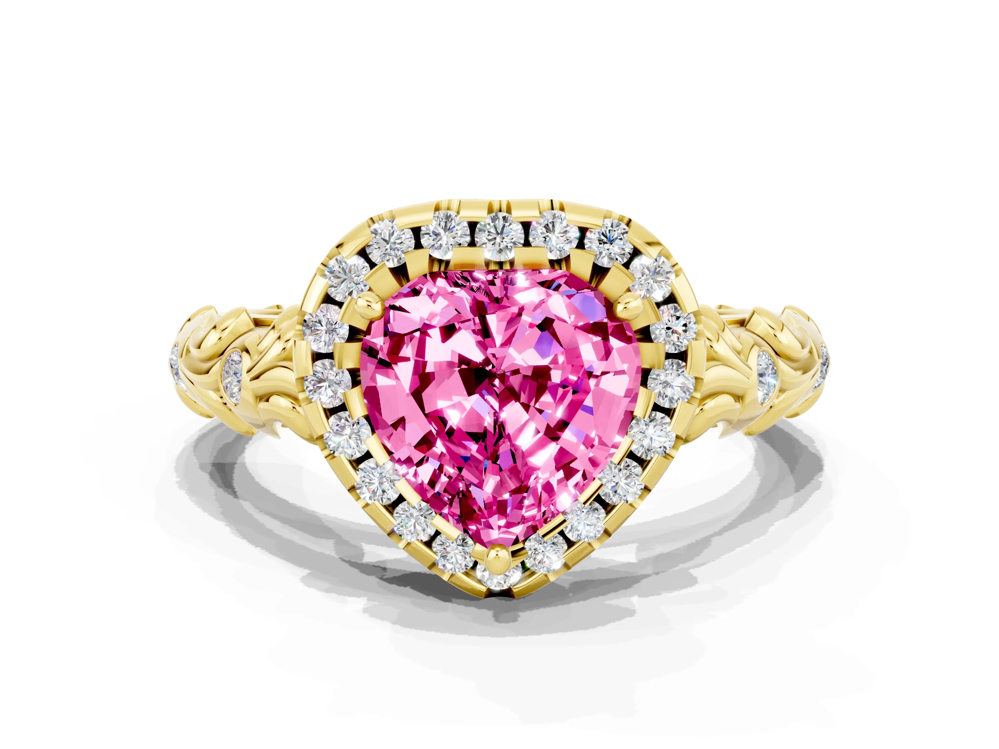 Yellow gold Heart Cut Halo Diamond Solitaire with Filigree Band and Four-Prong Setting