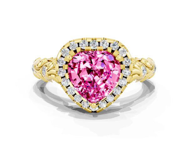 Yellow gold Heart Cut Halo Diamond Solitaire with Filigree Band and Four-Prong Setting