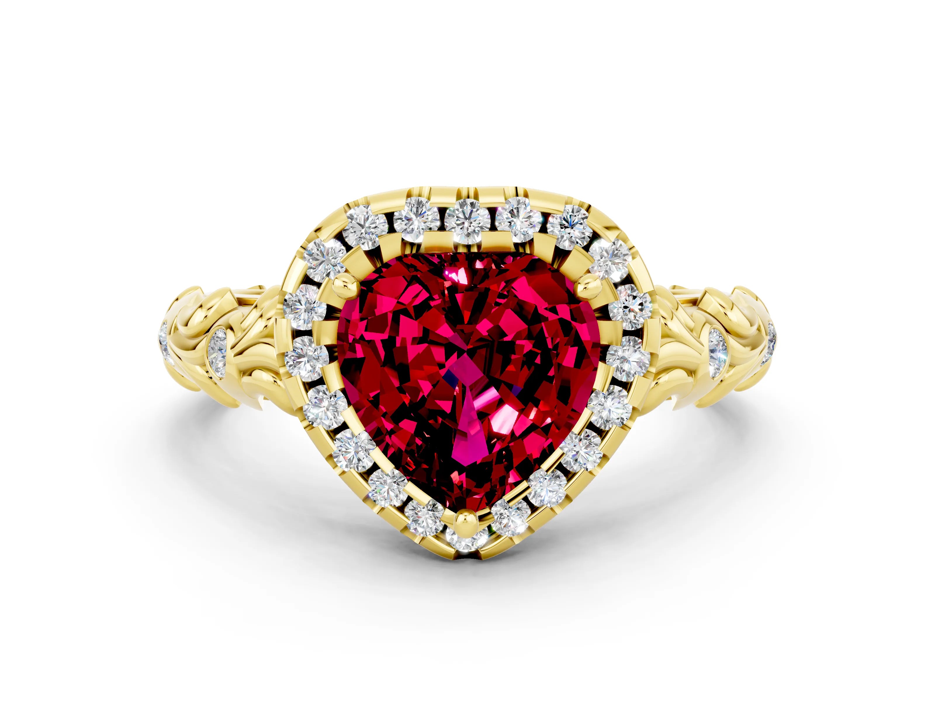 Yellow gold Heart Cut Halo Diamond Solitaire with Filigree Band and Four-Prong Setting