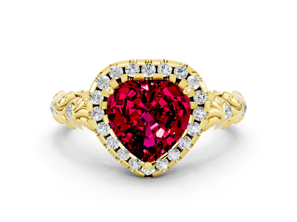 Yellow gold Heart Cut Garnet Halo Ring with Filigree Band and Prong Setting