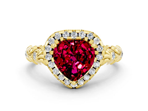 Yellow gold Heart Cut Halo Diamond Solitaire with Filigree Band and Four-Prong Setting