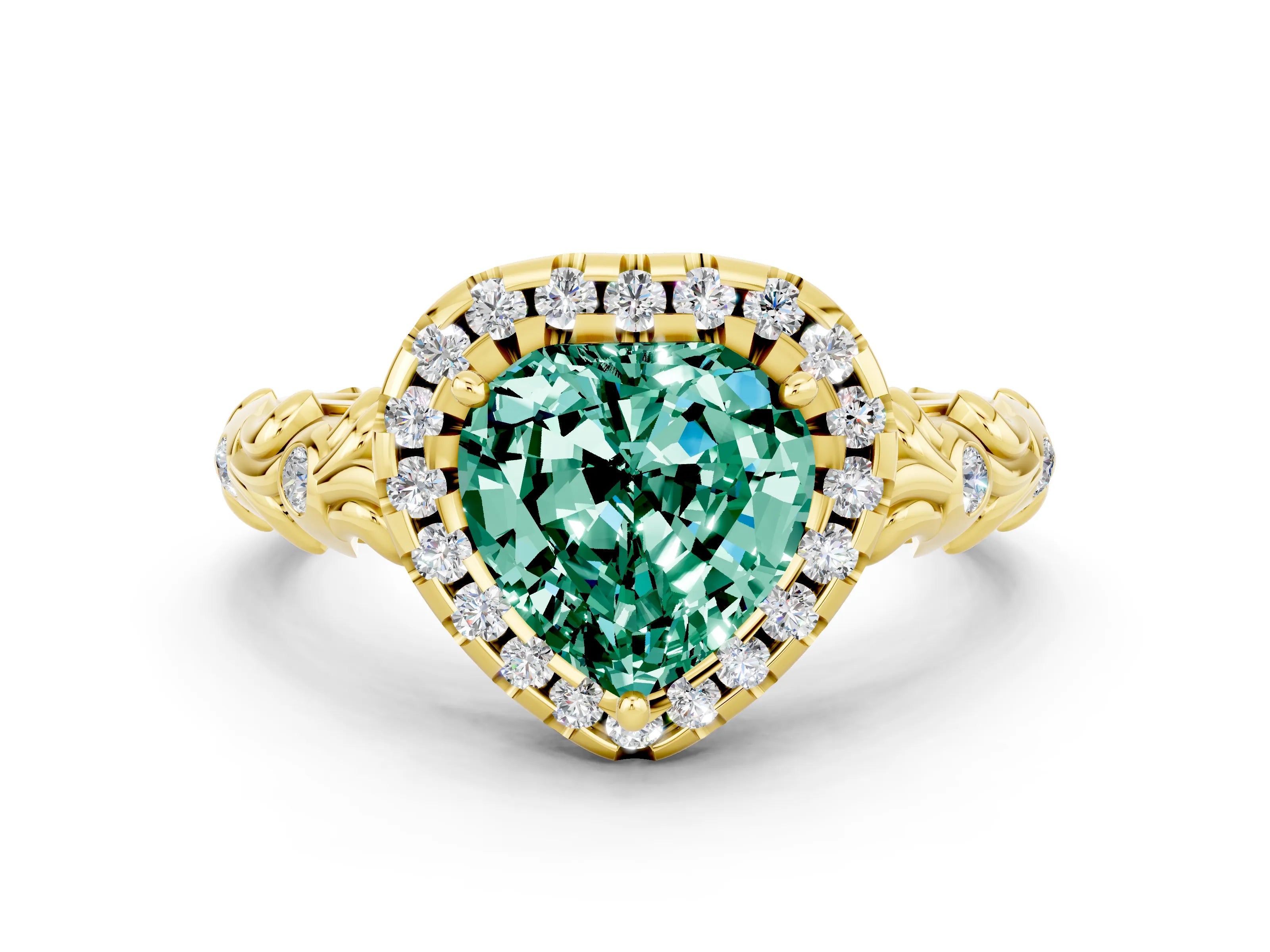 Yellow gold Heart Cut Halo Diamond Solitaire with Filigree Band and Four-Prong Setting