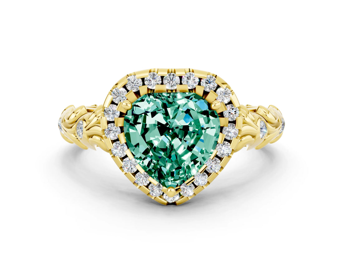 Yellow gold Heart Cut Halo Diamond Solitaire with Filigree Band and Four-Prong Setting