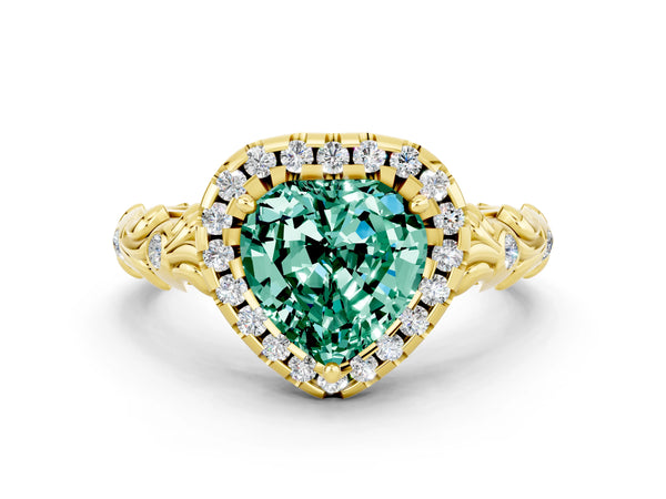 Yellow gold Heart Cut Green Sapphire Halo Ring with Filigree Band and Prong Setting