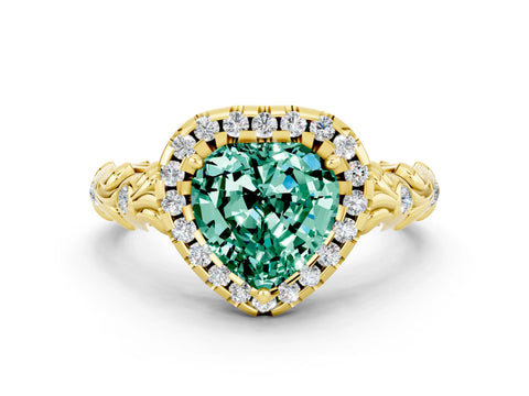 Yellow gold Heart Cut Halo Diamond Solitaire with Filigree Band and Four-Prong Setting