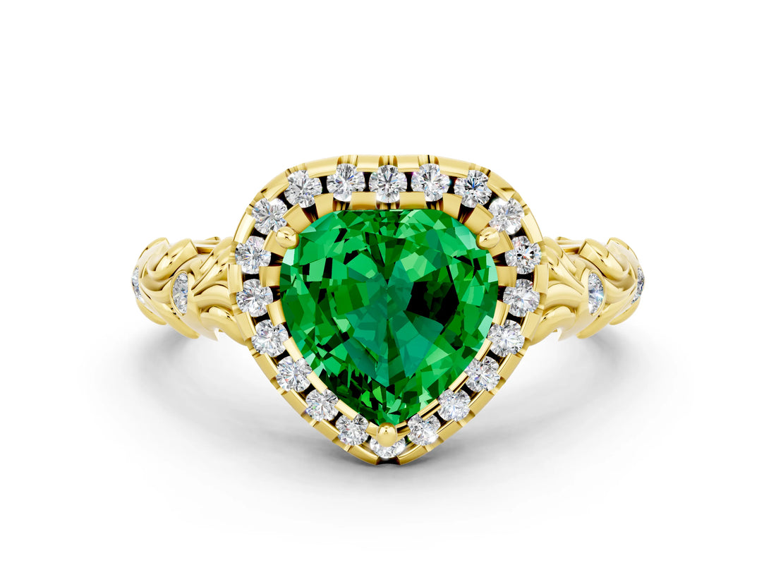 Yellow gold Heart Cut Halo Diamond Solitaire with Filigree Band and Four-Prong Setting