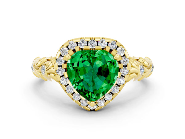 Yellow gold Heart Cut Emerald Halo Ring with Filigree Band and Prong Setting