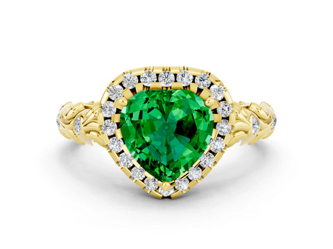 Yellow gold Heart Cut Halo Diamond Solitaire with Filigree Band and Four-Prong Setting