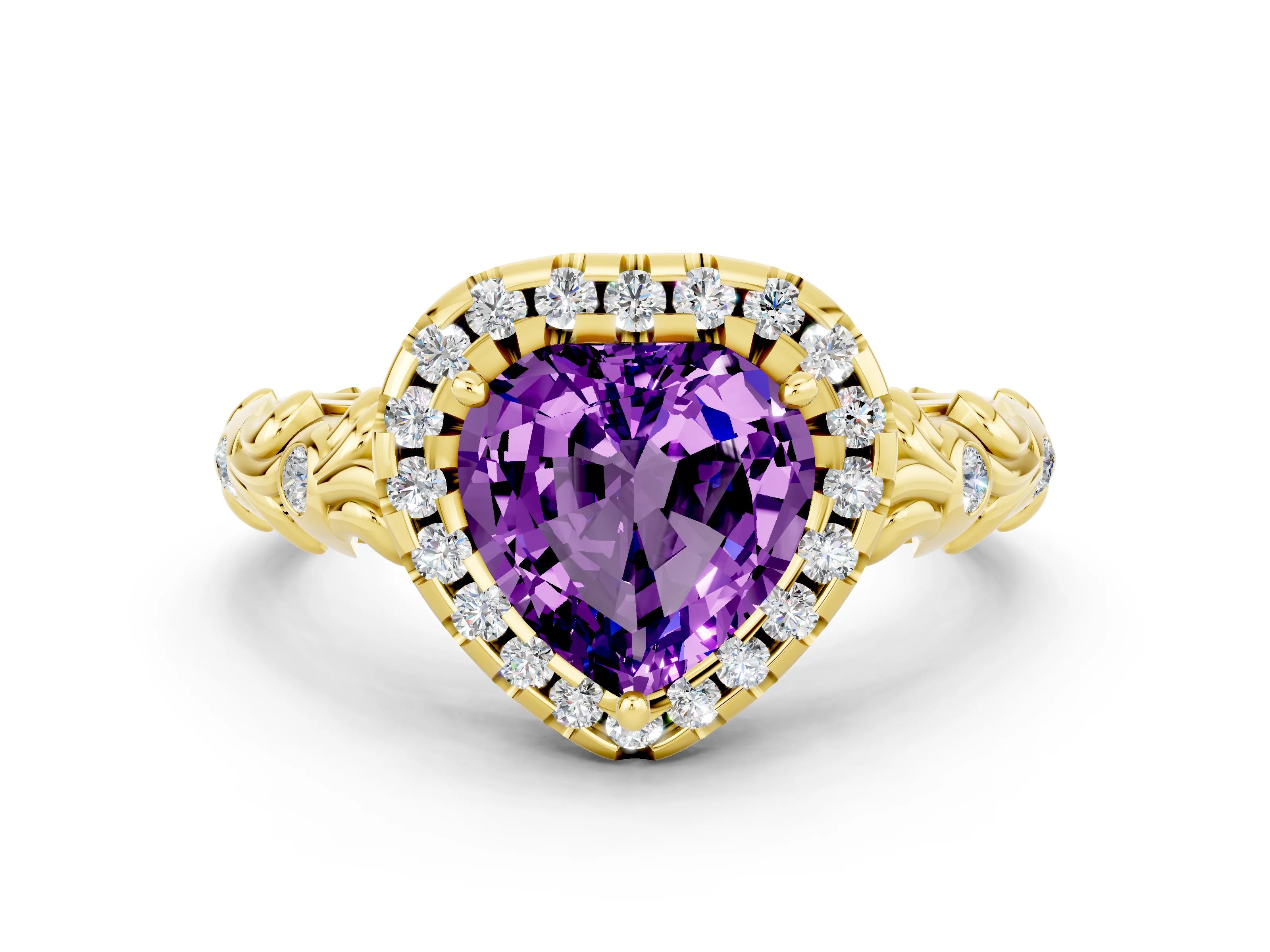 Yellow gold Heart Cut Halo Diamond Solitaire with Filigree Band and Four-Prong Setting