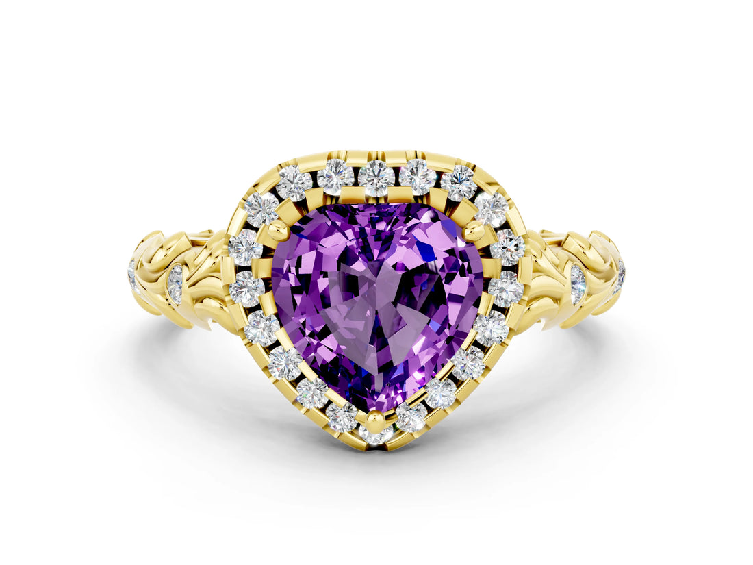 Yellow gold Heart Cut Halo Diamond Solitaire with Filigree Band and Four-Prong Setting
