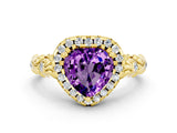 Yellow gold Heart Cut Halo Diamond Solitaire with Filigree Band and Four-Prong Setting