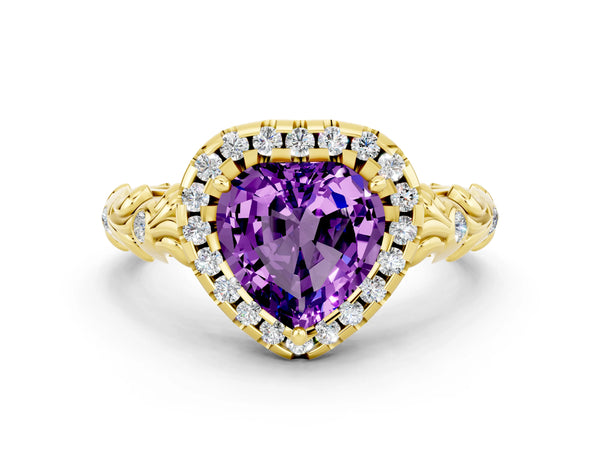 Yellow gold Heart Cut Amethyst Halo Ring with Filigree Band and Prong Setting