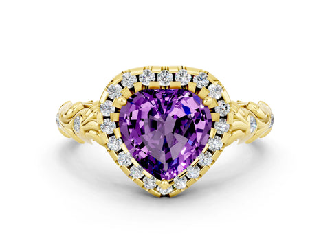 Yellow gold Heart Cut Halo Diamond Solitaire with Filigree Band and Four-Prong Setting