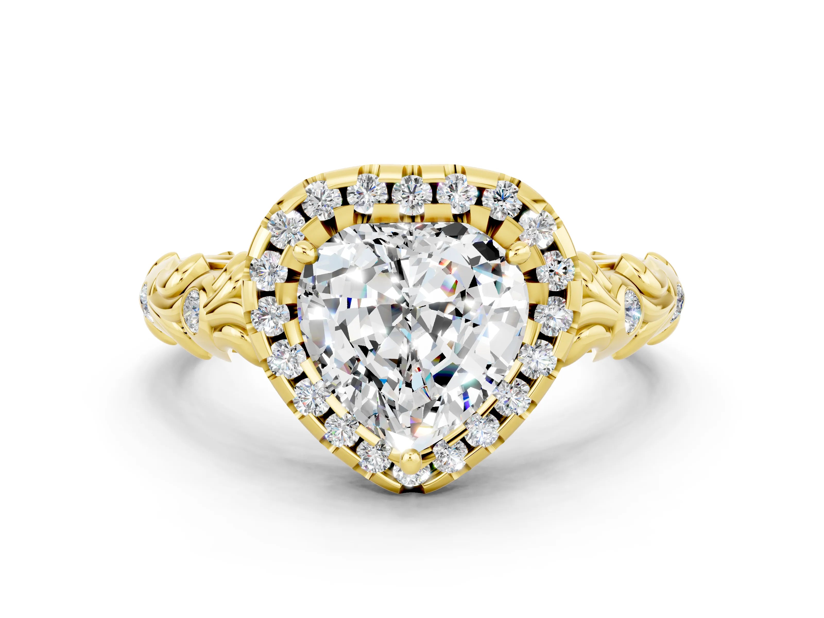 Yellow gold Heart Cut Halo Diamond Solitaire with Filigree Band and Four-Prong Setting