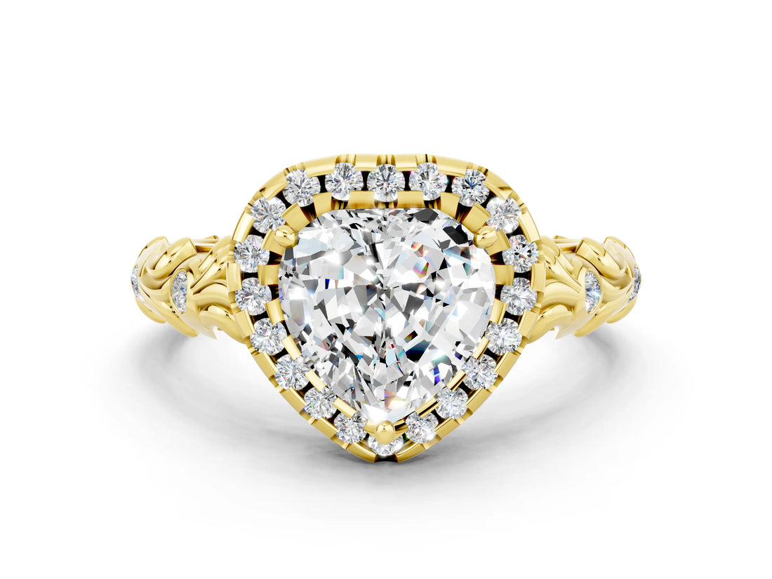 Yellow gold Heart Cut Halo Diamond Solitaire with Filigree Band and Four-Prong Setting