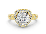 Yellow gold Heart Cut Halo Diamond Solitaire with Filigree Band and Four-Prong Setting