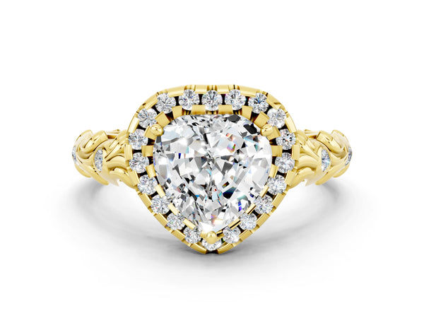 Yellow gold Heart Cut Moissanite Halo Ring with Filigree Band and Prong Setting