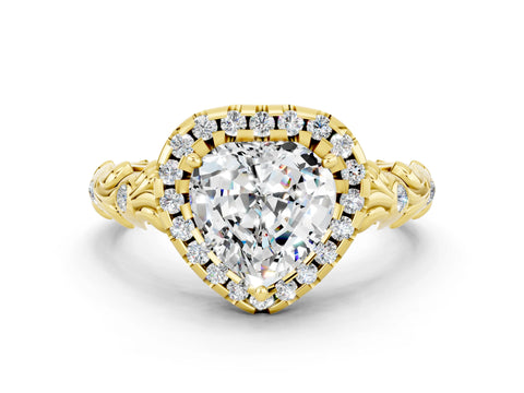 Yellow gold Heart Cut Halo Diamond Solitaire with Filigree Band and Four-Prong Setting