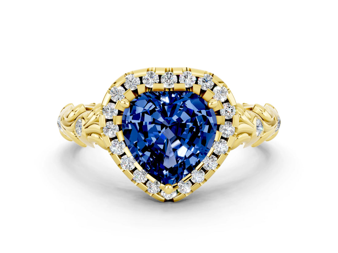 Yellow gold Heart Cut Halo Diamond Solitaire with Filigree Band and Four-Prong Setting