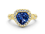 Yellow gold Heart Cut Halo Diamond Solitaire with Filigree Band and Four-Prong Setting