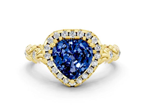 Yellow gold Heart Cut Blue Sapphire Halo Ring with Filigree Band and Prong Setting