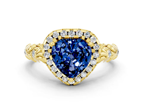 Yellow gold Heart Cut Halo Diamond Solitaire with Filigree Band and Four-Prong Setting