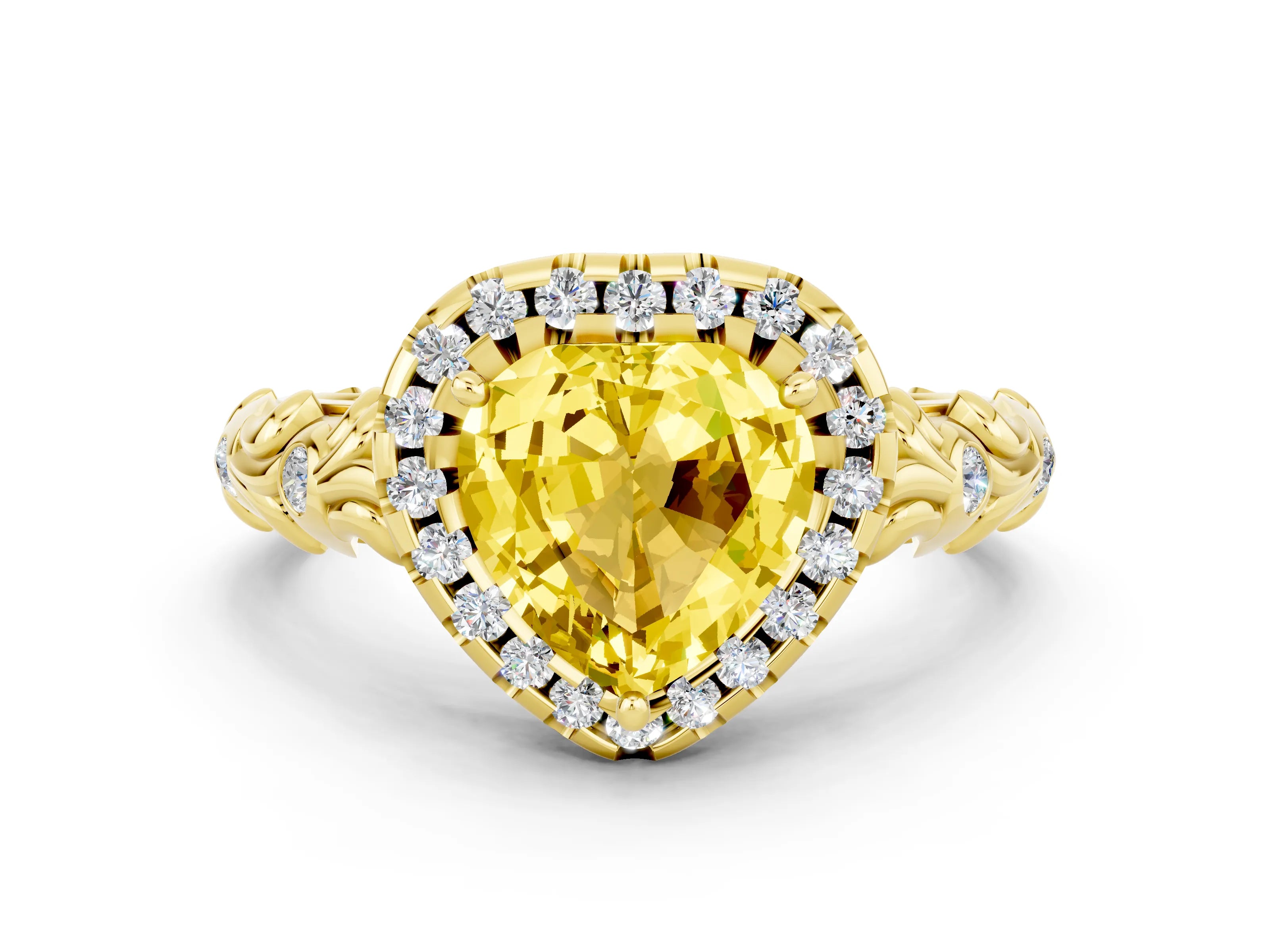 Yellow gold Heart Cut Halo Diamond Solitaire with Filigree Band and Four-Prong Setting