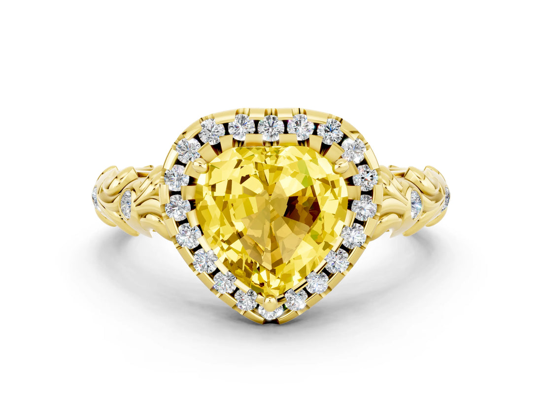 Yellow gold Heart Cut Halo Diamond Solitaire with Filigree Band and Four-Prong Setting