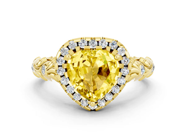 Yellow gold Heart Cut Yellow Sapphire Halo Ring with Filigree Band and Prong Setting