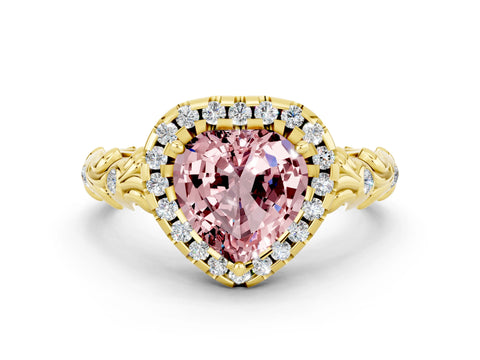 Yellow gold Heart Cut Halo Diamond Solitaire with Filigree Band and Four-Prong Setting