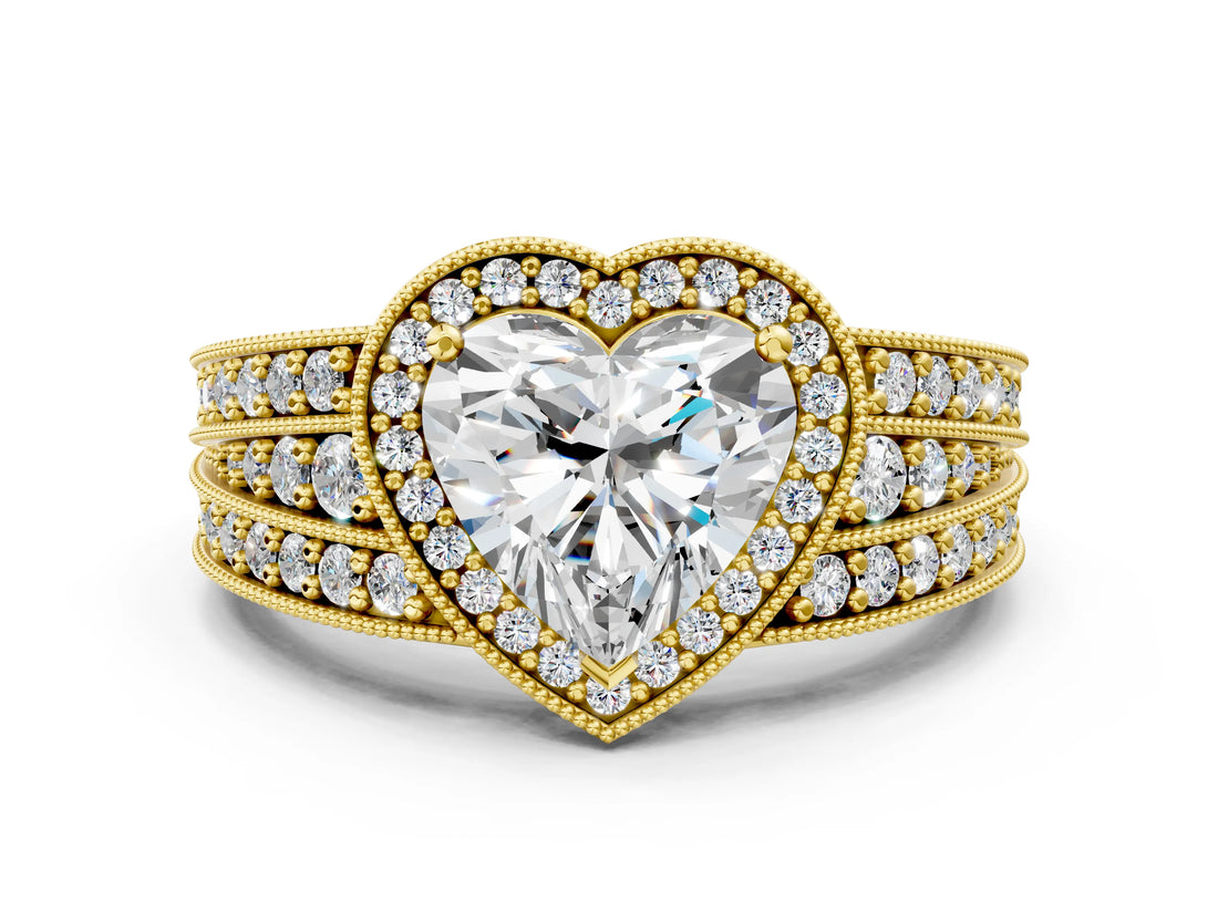 Yellow gold Heart Cut Halo Diamond Split Shank Ring with Prong Setting_3