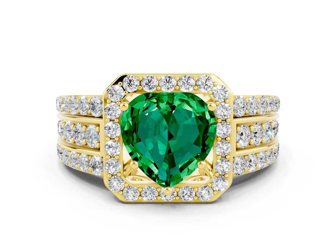 Yellow gold Heart Cut Halo Emerald Ring with Split Shank and Four-Prong Setting