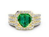 Yellow gold Heart Cut Halo Emerald Ring with Split Shank and Four-Prong Setting