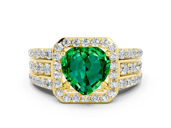 Yellow gold Heart Cut Halo Emerald Ring with Round  Split Shank and Prong Setting