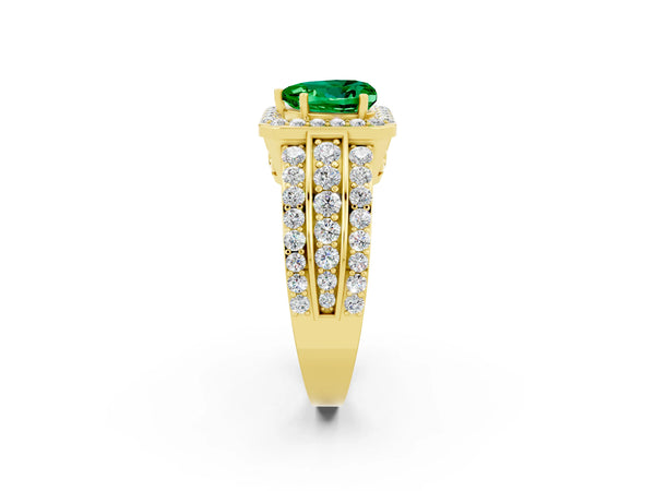 Yellow gold Heart Cut Halo Emerald Ring with Round  Split Shank and Prong Setting