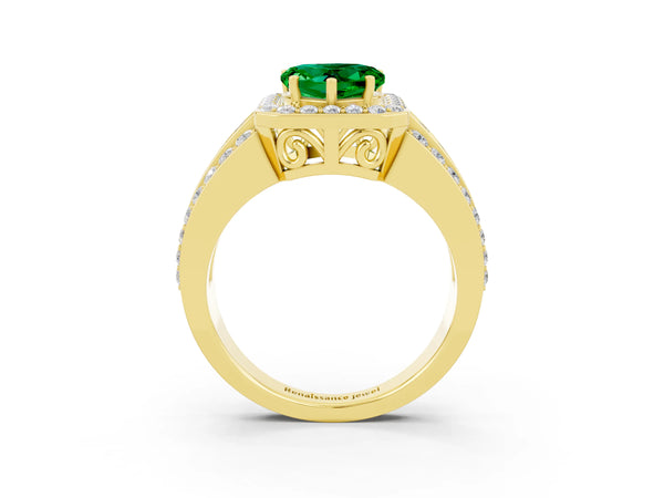 Yellow gold Heart Cut Halo Emerald Ring with Round  Split Shank and Prong Setting