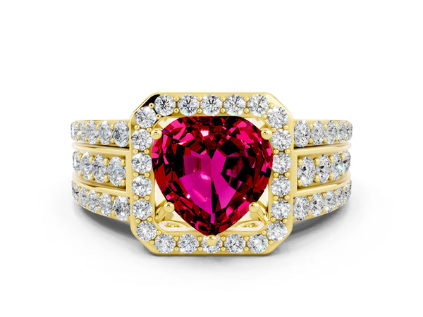 Yellow gold Heart Cut Halo Garnet Ring with Round  Split Shank and Prong Setting