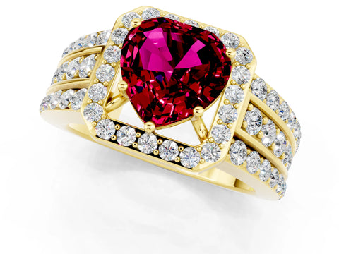 Yellow gold Heart Cut Halo Garnet Ring with Split Shank and Four-Prong Setting_1
