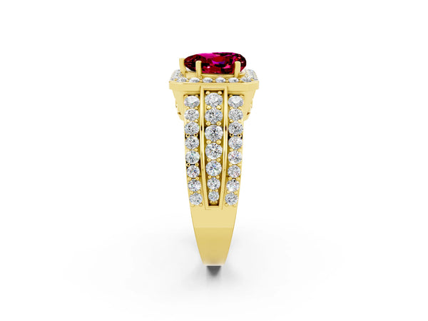 Yellow gold Heart Cut Halo Garnet Ring with Round  Split Shank and Prong Setting